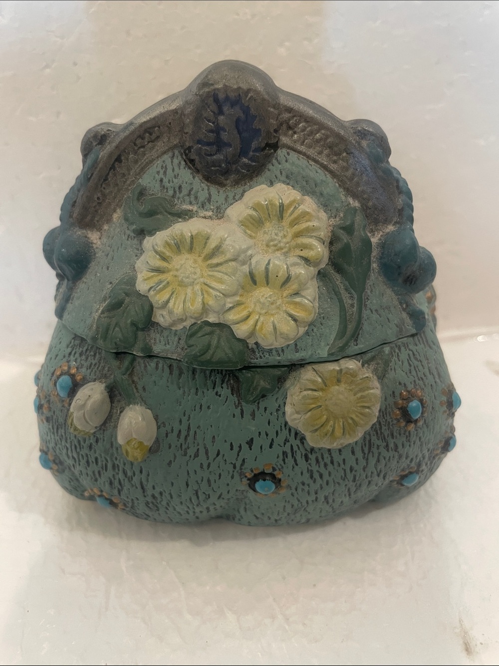 Vintage Hand-Painted Floral Decorative Trinket Box cottage core blue white green